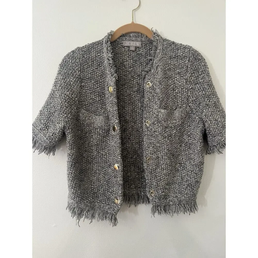 J CREW Cropped fringe trim lady jacket short sleeve cardigan Gray size xs